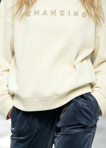 Beige O-neck Embroidered Cotton Top Spring