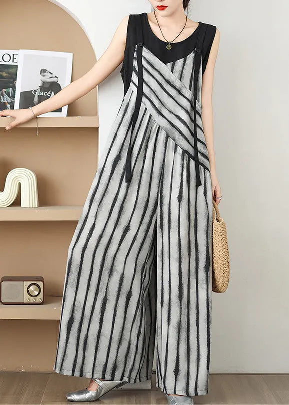 French Grey Oversized Striped Jumpsuits Summer