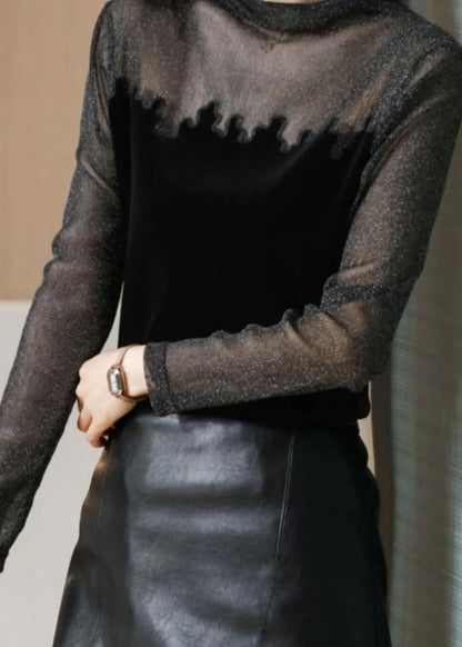 Black Turtleneck Lace Tulle Patchwork Velour Tops Bottoming Shirt