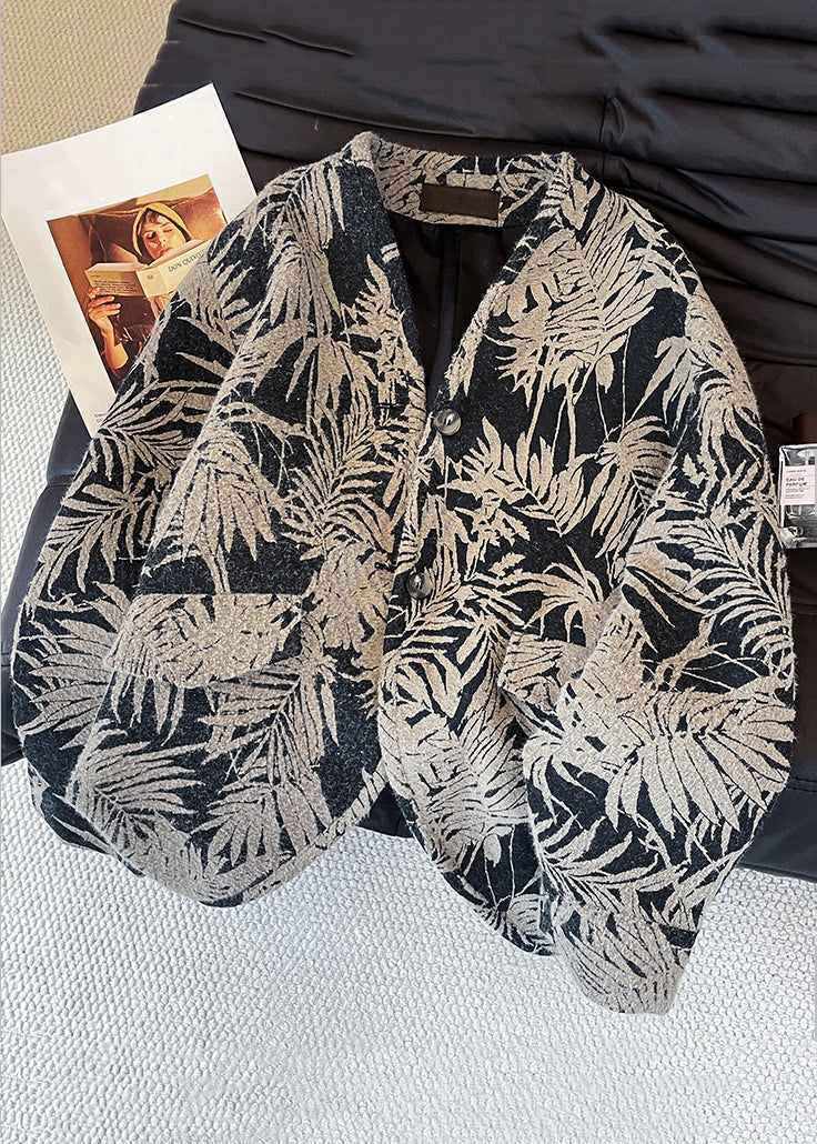 New Black V Neck Button Print Cotton Coats Fall