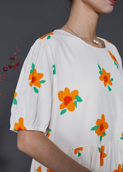 French Apricot Print Cotton Holiday Dress Summer