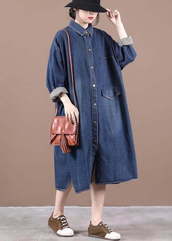 100% Lapel Patchwork Spring Outfit Ideas Denim Blue Long Dress