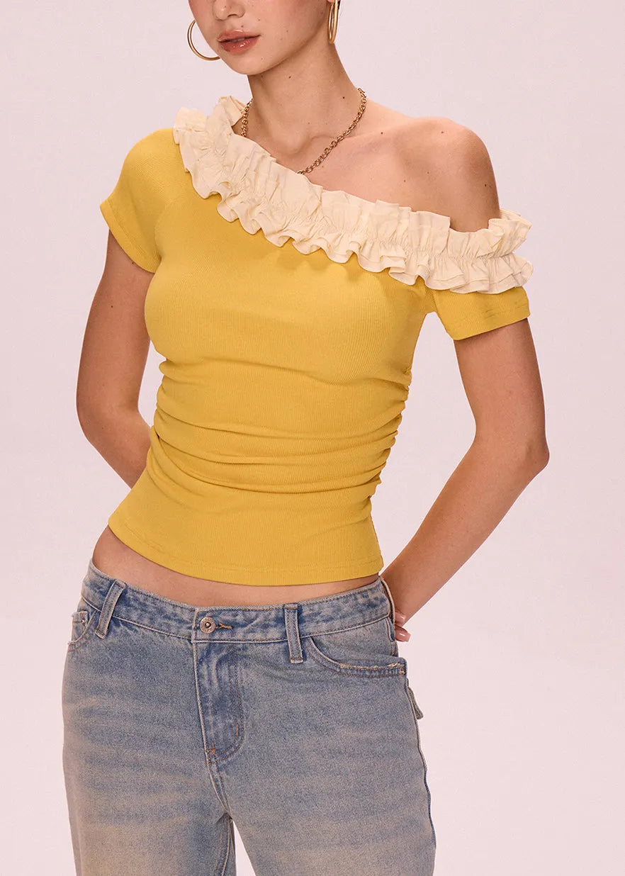 Art Yellow Cold Shoulder Ruffled Cotton T Shirt Summer