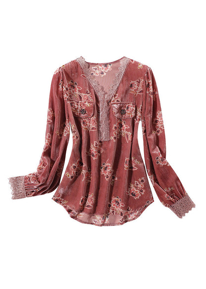 Red V Neck Print Lace Patchwork Silk Velour Top Spring