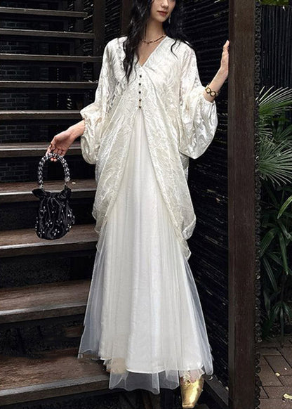 Fitted White V Neck Patchwork Long Dress Lantern Sleeve
