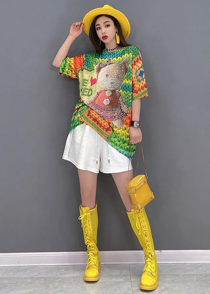 Modern Colorblock Multi O-neck Bear Print Cotton Tanks Tops Short Sleeve