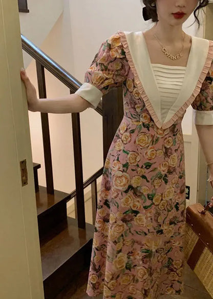 Pink Ruffled Print Lace Up Cotton Dresses Summer