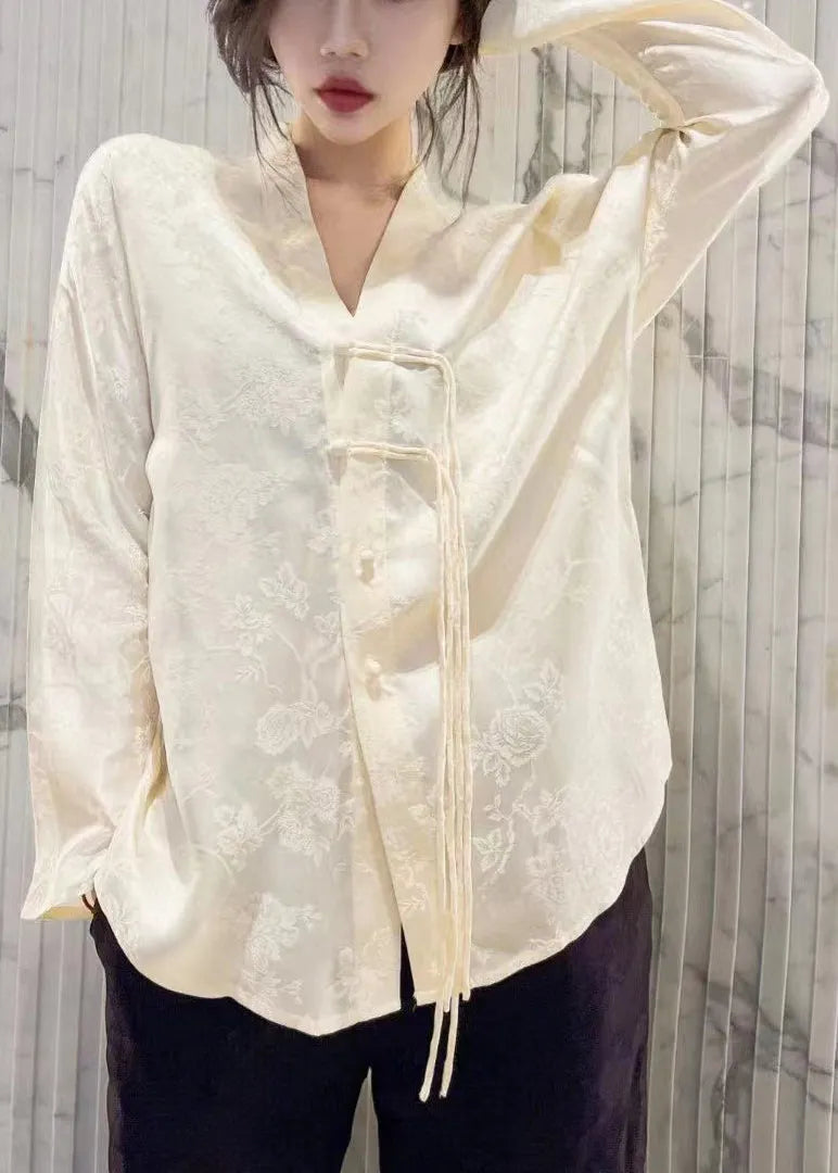 Chinese Style Yellow V Neck Jacquard Silk Shirt Tops Long Sleeve