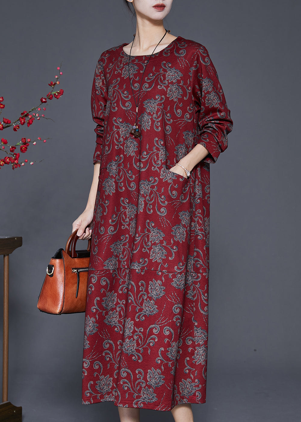 Red Print Cotton Long Dresses O-neck Oversized Fall