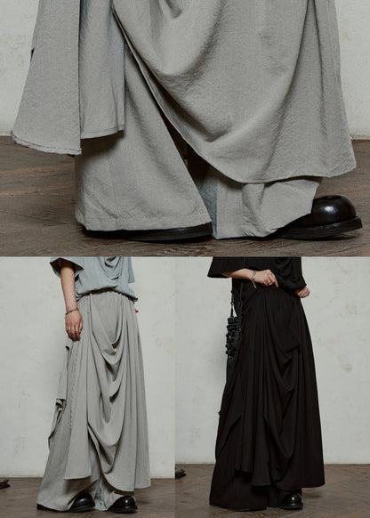 Black Elastic Waist Pockets Cotton Wide Leg Pants Asymmetrical