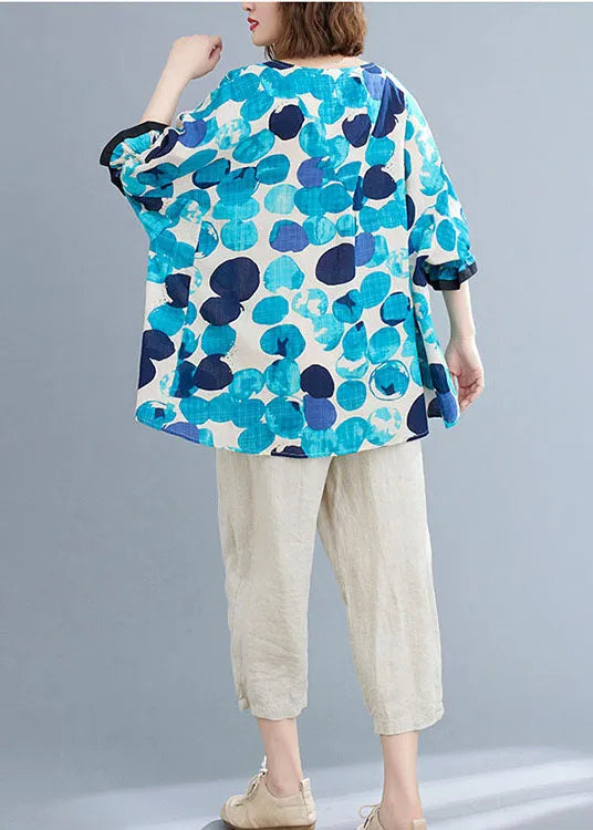 Blue O-neck Ruffled Dot Print Cotton Loose Blouses Short Sleeve