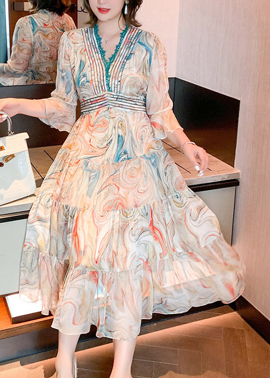 V Neck Print Patchwork Silk Long Dress Summer
