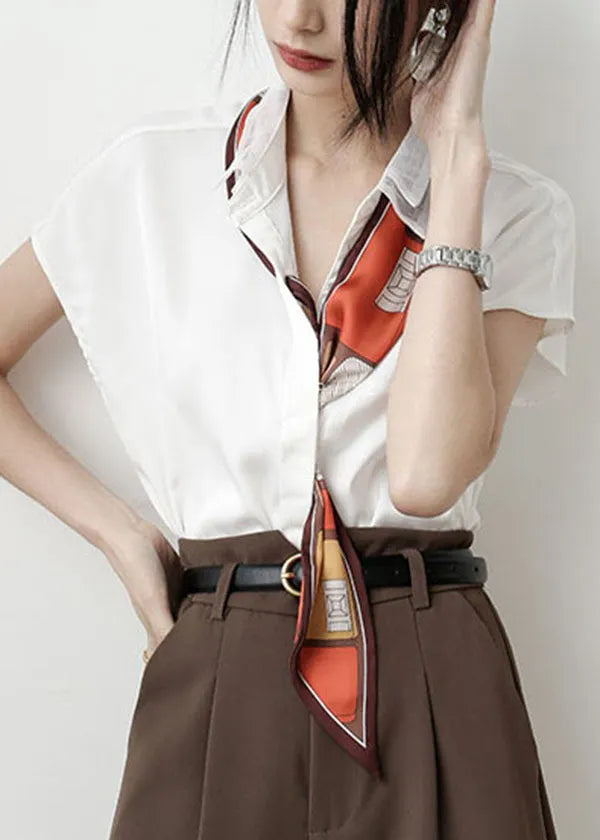 Classy White Peter Pan Collar Color Draping Chiffon Shirt Tops Short Sleeve