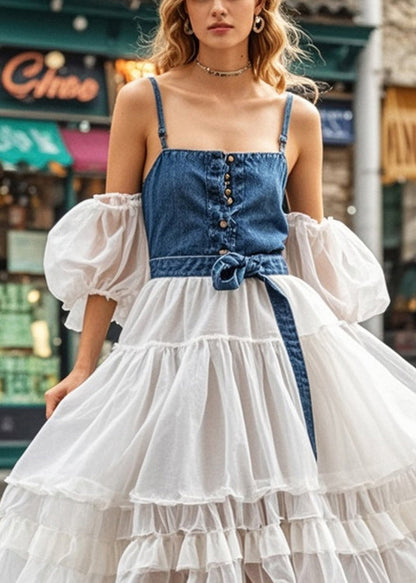 Cold Shoulder Patchwork Denim Tulle Maxi Dresses Puff Sleeve
