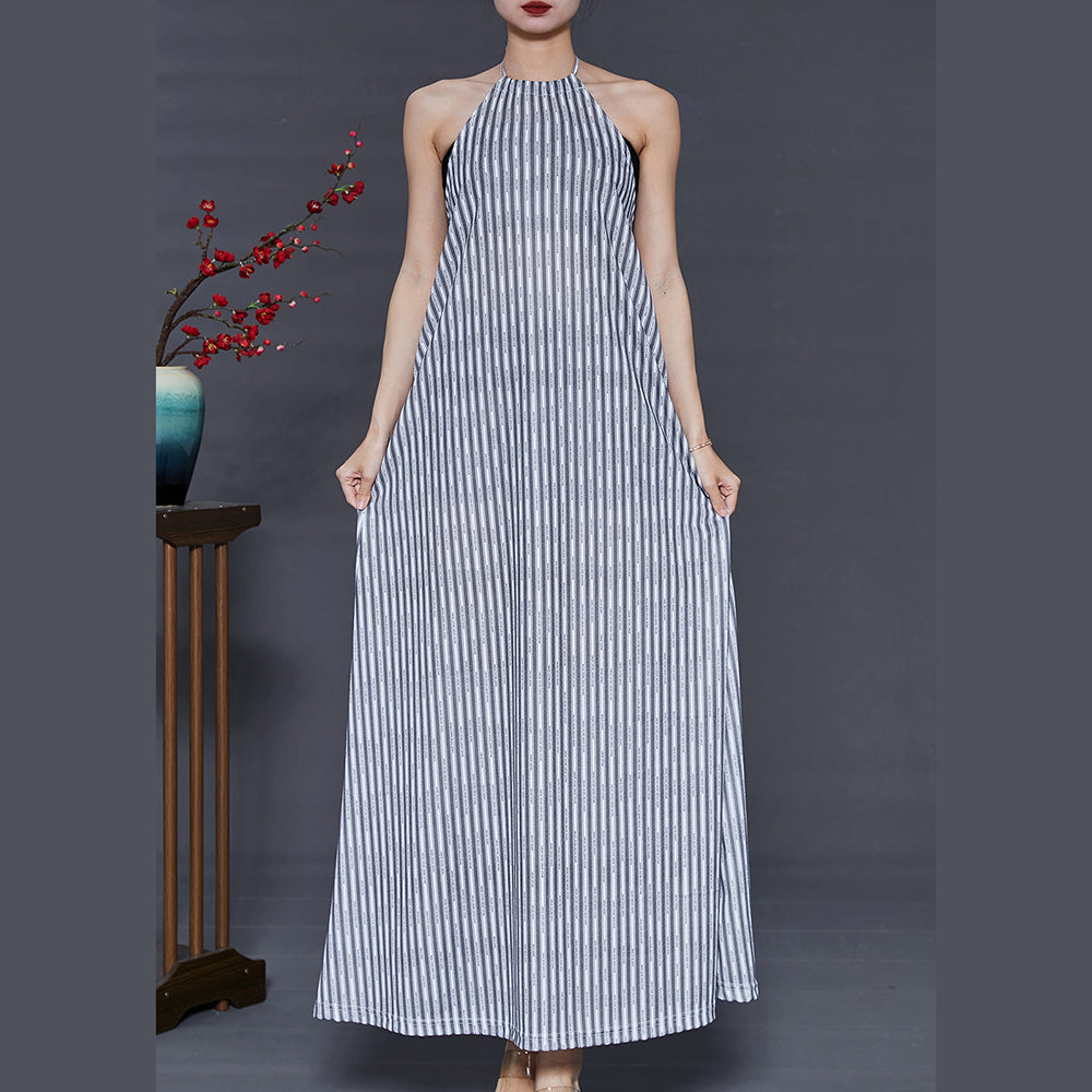 Grey Striped Backless Cotton Beach Dress Summer