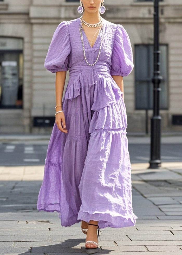 Purple Puff Sleeve Exra Large Hem Cotton Long Dresses Summer