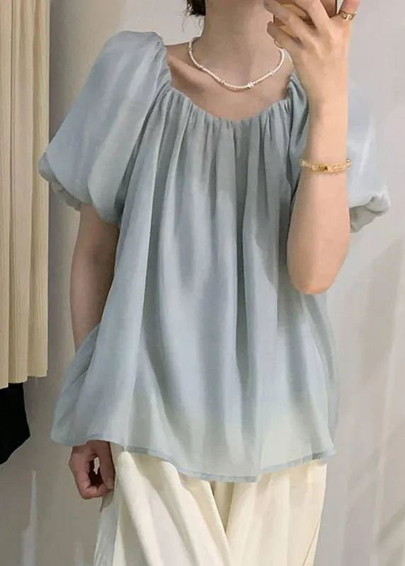 French Black Wrinkled Puff Sleeve Chiffon Tops