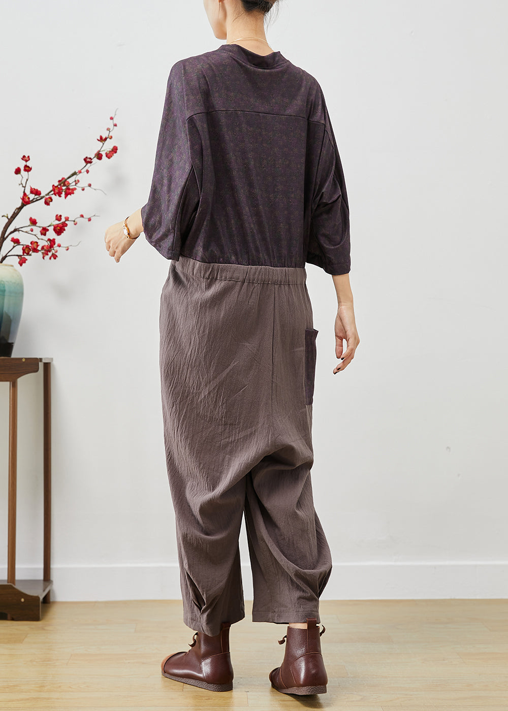 Colorblock Chinese Button Patchwork Lace Up Linen Jumpsuits Fall