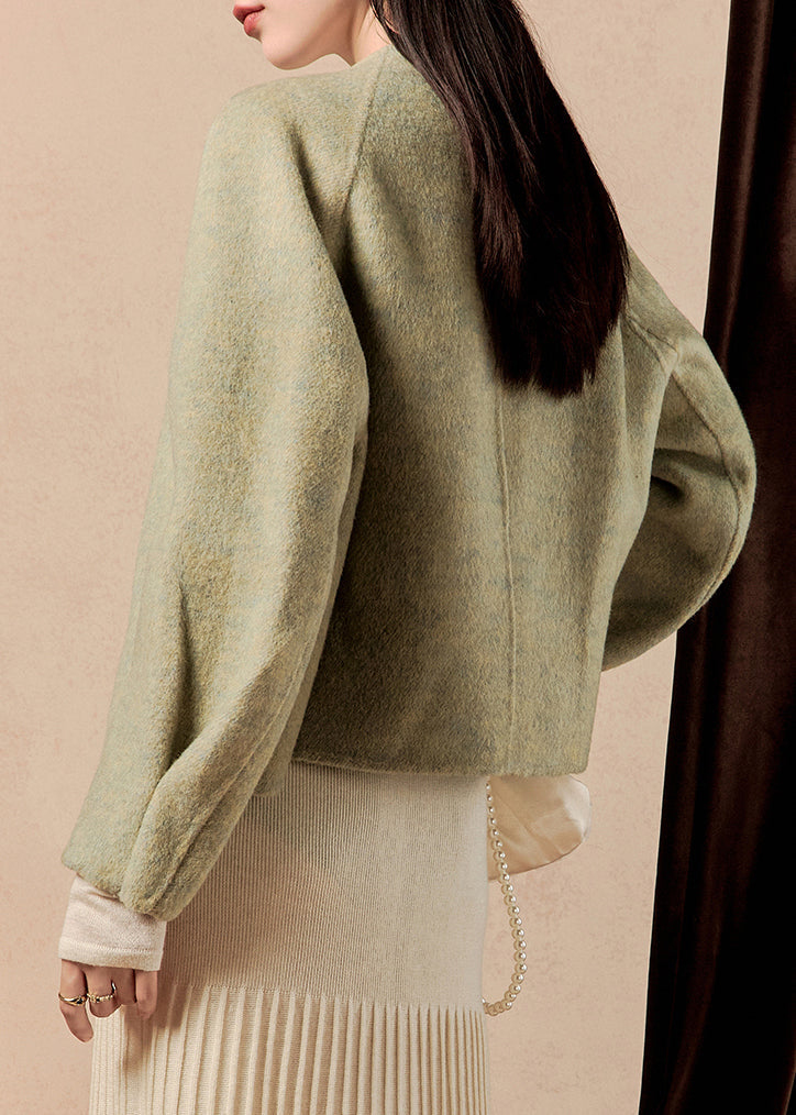 Loose Green O-neck Tasseled Woolen Coats Winter