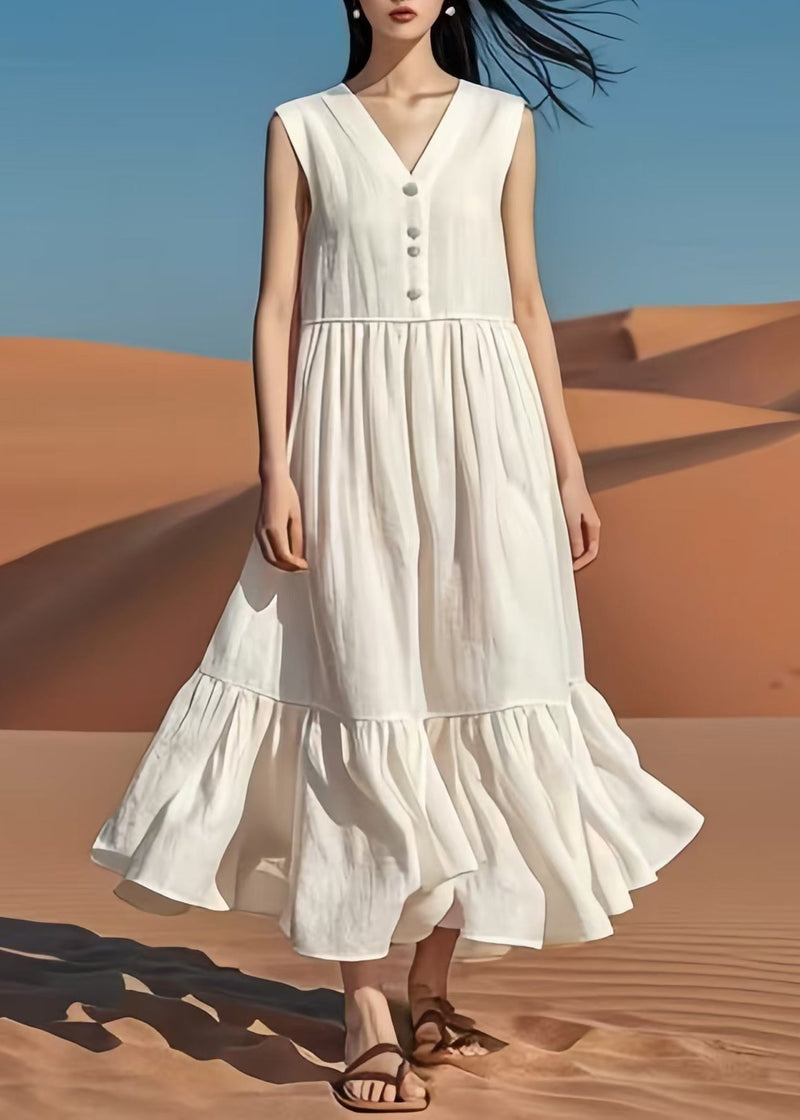White V Neck Patchwork Cotton Long Dresses Summer