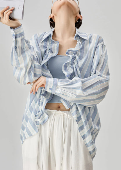 Loose Blue Peter Pan Collar Striped Drawstring Cotton Shirts Fall