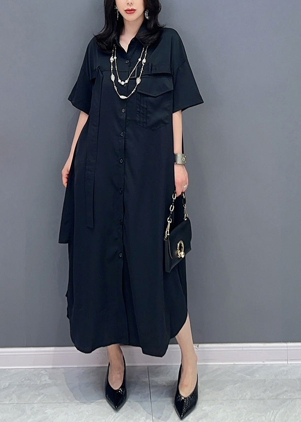 Style Black Peter Pan Collar Button Maxi Shirts Dress Summer