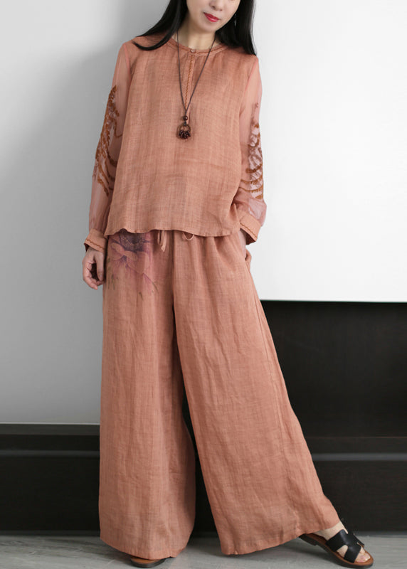 Boutique Grey O-neck Embroideried Tulle Patchwork Linen Two Piece Set Clothing Summer