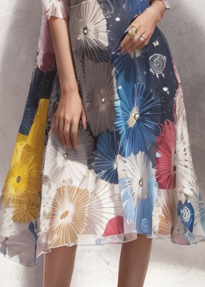 Style Colorblock O Neck Print Loose Silk Long Dress Summer