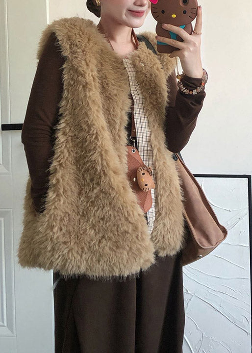 Beige O Neck Patchwork Faux Fur Vest Sleeveless
