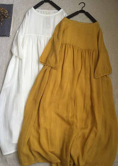 Yellow O-neck Patchwork Wrinkled Long Dresses Short Sleeve