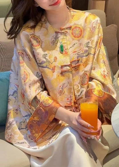 Chinese Style Yellow O-neck Button Silk Coats Spring