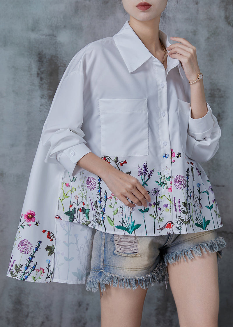White Oversized Dandelion Print Cotton Shirt Tops Spring
