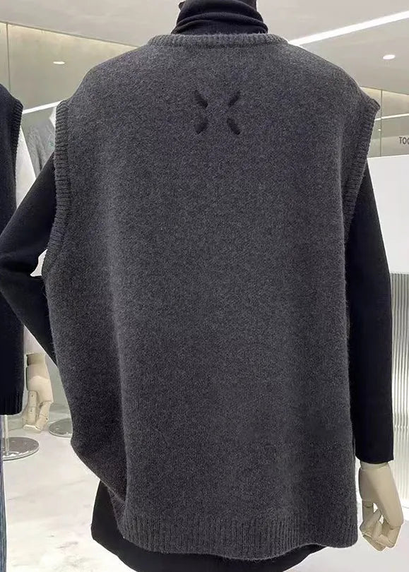Grey O Neck Double Breast Patchwork Knit Vest Sleeveless