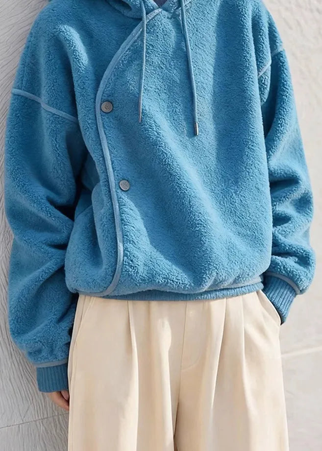 Simple Blue Hooded Cozy Fluffy Sweatshirts Winter