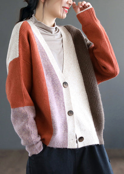 Orange Colorblock Button Patchwork Knitting Cardigan Fall