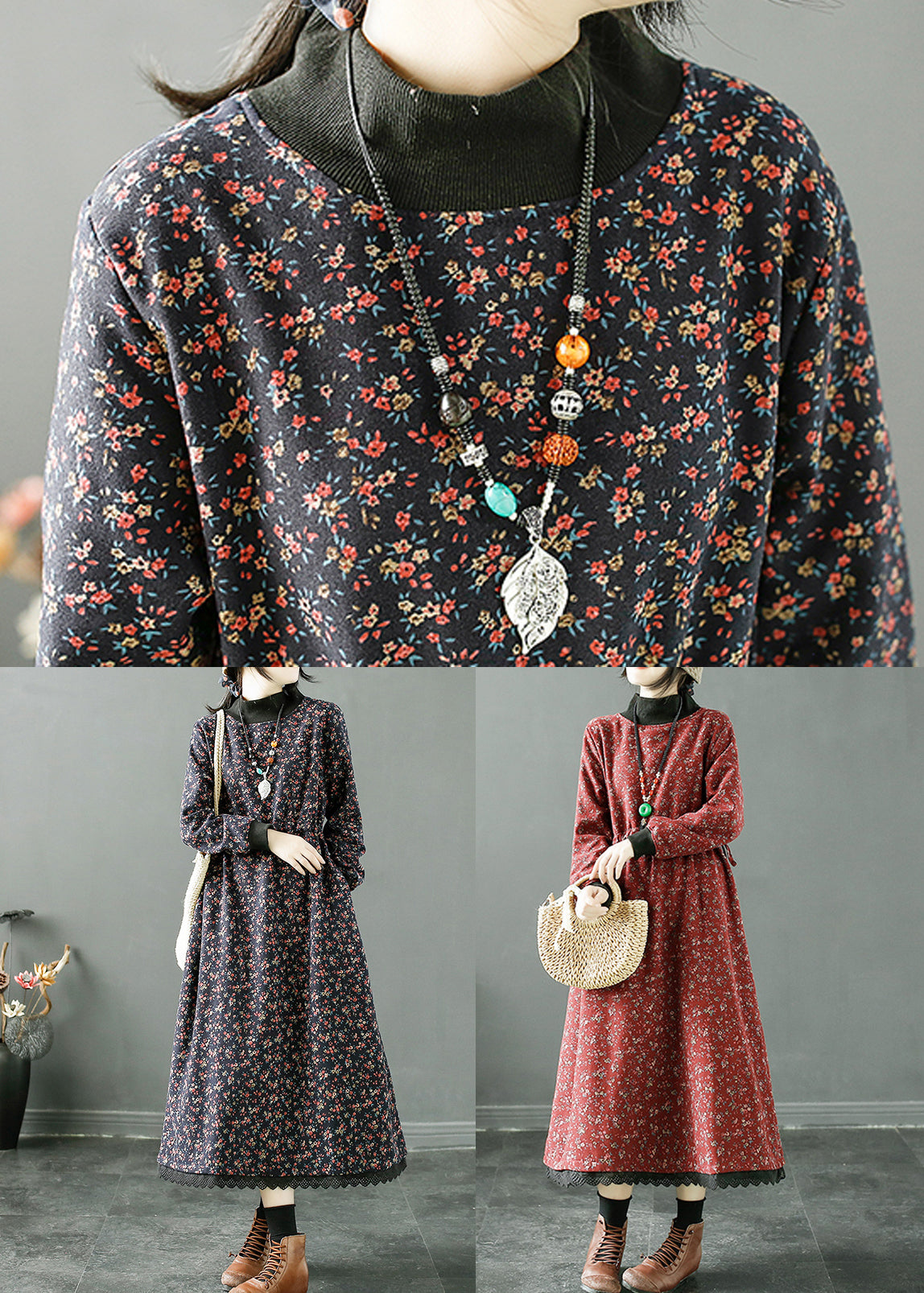 Navy Print Lace Up Patchwork Fleece Long Dress Winter