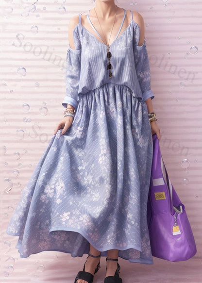 Italian Light Blue Cold Shoulder Print Silk Long Dresses Summer