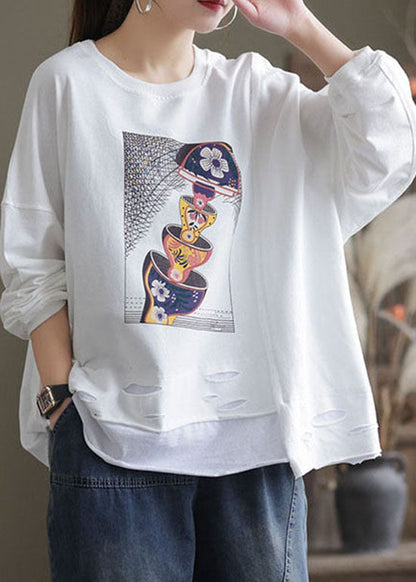 White O-neck Hole Print Cotton Pullover Sweatshirt Long Sleeve
