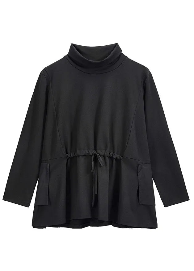 Handmade Black Turtleneck Patchwork Pockets Tie Waist Fall Top Long Sleeve