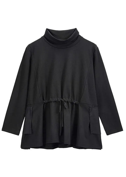Handmade Black Turtleneck Patchwork Pockets Tie Waist Fall Top Long Sleeve