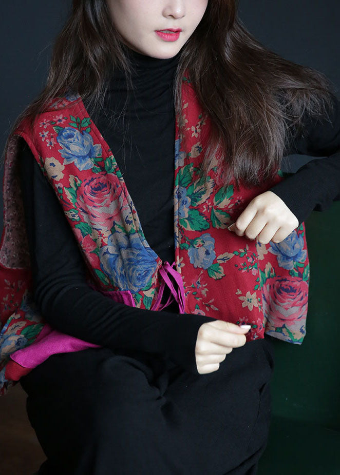Diy Red Print Oversized Tie Waist Fine Cotton Filled Vest Spring