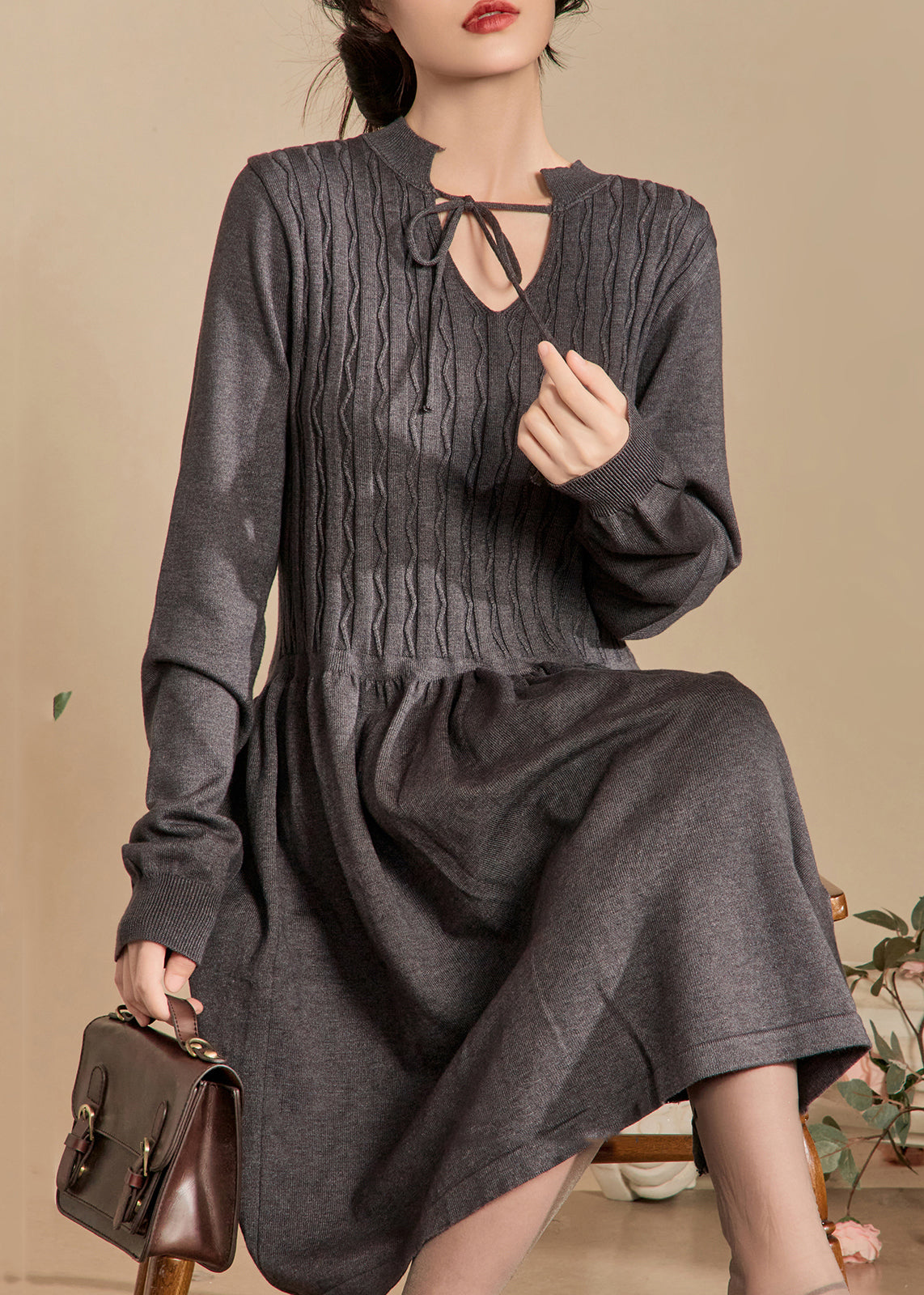 Grey Lace Up Knit Dresses Spring