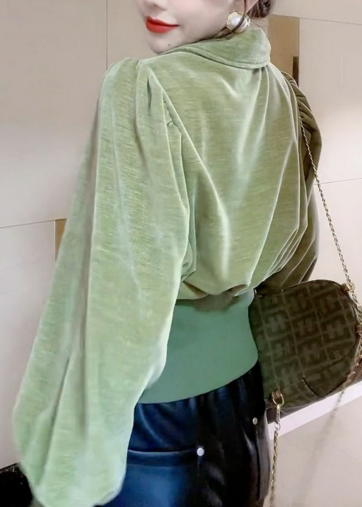 Green Peter Pan Collar Patchwork Velour Shirt Tops Long Sleeve