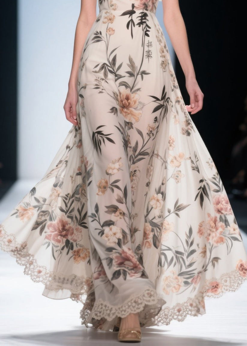 White Cold Shoulder Print Chiffon Maxi Dress Summer