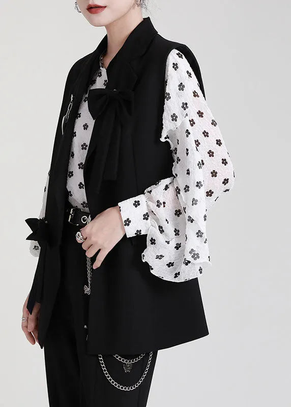 Loose Black Peterpan Collar Button Bow Fall Sleeveless Vest