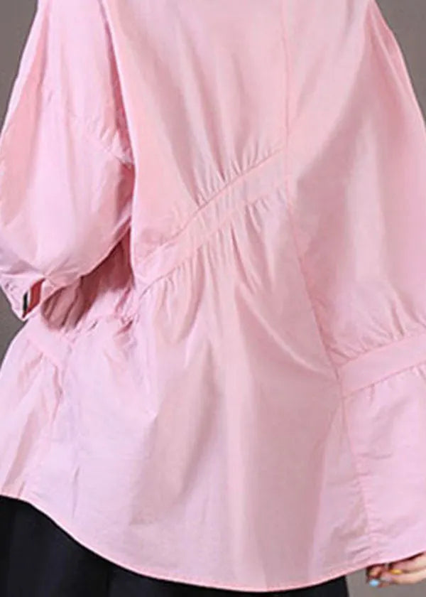 Pink O-neck Asymmetrical Wrinkled Cotton Shirts Half Sleeve