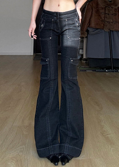Natural Navy Patchwork Nail Bead High Waist Denim Flared Trousers