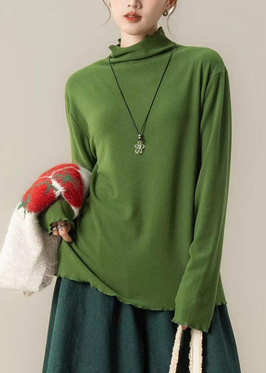 Grass Green Stand Collar Cotton Shirts Spring