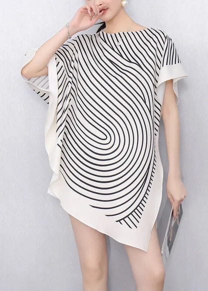 White Striped Asymmetrical T Shirts Summer