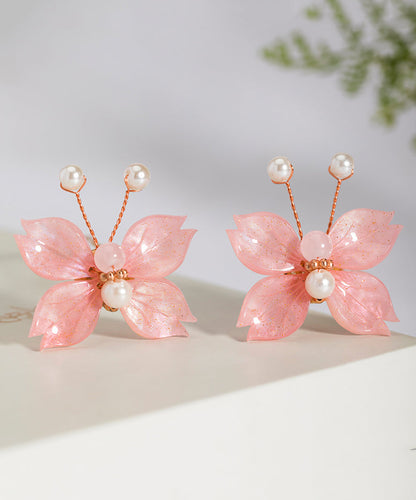 Pink Copper Alloy Pearl Colored Glaze Butterfly Hairpin